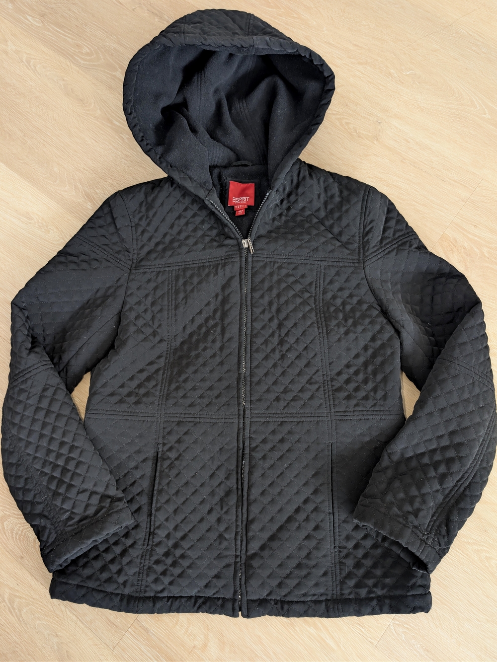 Esprit Outerware Womens Quilted Hooded Lined Full Zip Black Jacket Coat Size M